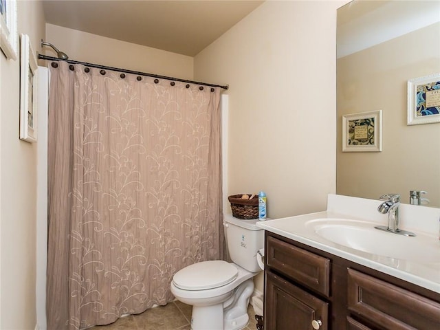 bathroom featuring tile patterned floors, a shower with shower curtain, vanity, and toilet