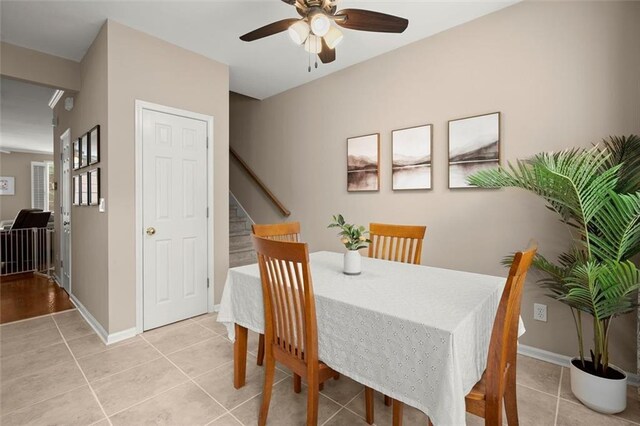 2303 Waters Edge Trl, Roswell, GA 30075 - dining space featuring light tile patterned floors, ceiling fan, stairs, and baseboards