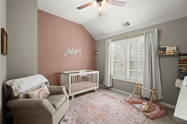 2303 Waters Edge Trl, Roswell, GA 30075 - carpeted bedroom with a nursery area, lofted ceiling, baseboards, and a ceiling fan