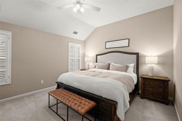 2303 Waters Edge Trl, Roswell, GA 30075 - bedroom featuring light colored carpet, baseboards, lofted ceiling, a ceiling fan, and multiple windows
