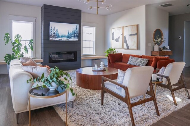 living room with dark wood-type flooring