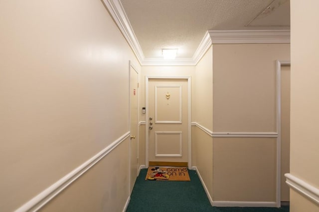 hallway with crown molding and carpet floors