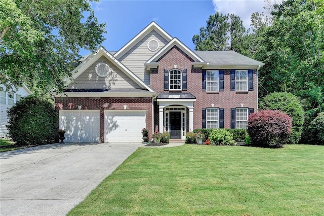 127 Bradshaw Park Dr, Woodstock, GA 30188 - view of front of house with an attached garage, a front yard, concrete driveway, and brick siding