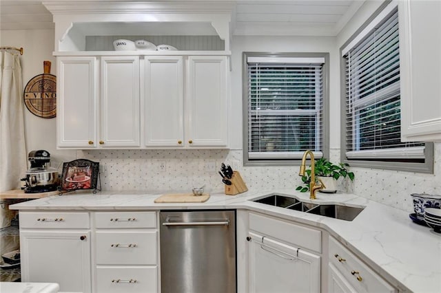 127 Bradshaw Park Dr, Woodstock, GA 30188 - kitchen with stainless steel dishwasher, white cabinets, light stone countertops, decorative backsplash, and crown molding