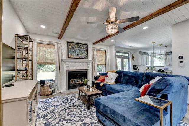 127 Bradshaw Park Dr, Woodstock, GA 30188 - living room with beam ceiling, ceiling fan, a large fireplace, recessed lighting, and light wood-style flooring