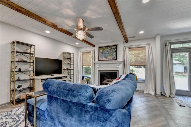 127 Bradshaw Park Dr, Woodstock, GA 30188 - living room featuring beam ceiling, a fireplace, plenty of natural light, recessed lighting, and ceiling fan