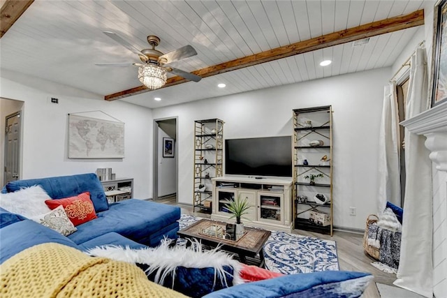 127 Bradshaw Park Dr, Woodstock, GA 30188 - living area featuring wood finished floors, a ceiling fan, recessed lighting, and a wooden ceiling with exposed beams