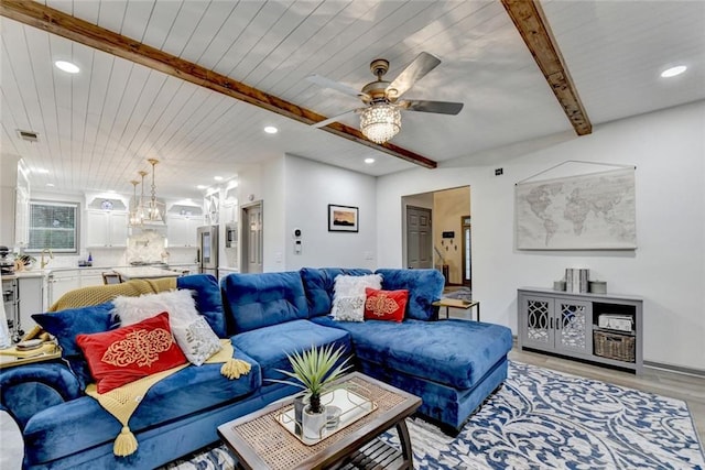 127 Bradshaw Park Dr, Woodstock, GA 30188 - living room with recessed lighting, ceiling fan, light wood-type flooring, a wood ceiling with exposed beams, and a chandelier
