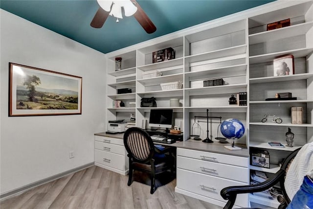 127 Bradshaw Park Dr, Woodstock, GA 30188 - office featuring light wood finished floors, ceiling fan, and built in desk