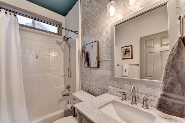 127 Bradshaw Park Dr, Woodstock, GA 30188 - bathroom with vanity, shower / tub combo, decorative backsplash, and tile walls