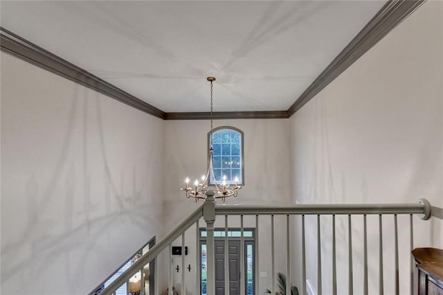 127 Bradshaw Park Dr, Woodstock, GA 30188 - stairs with a chandelier and ornamental molding