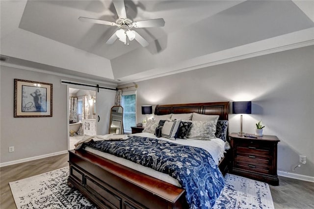 127 Bradshaw Park Dr, Woodstock, GA 30188 - bedroom with light wood finished floors, a tray ceiling, ceiling fan, and connected bathroom