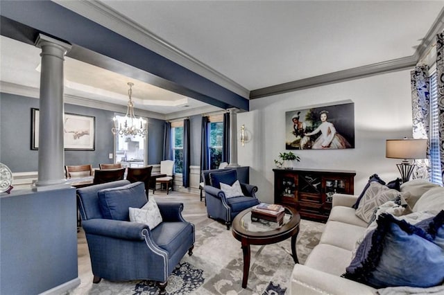 127 Bradshaw Park Dr, Woodstock, GA 30188 - living area with decorative columns, ornamental molding, a chandelier, and a raised ceiling