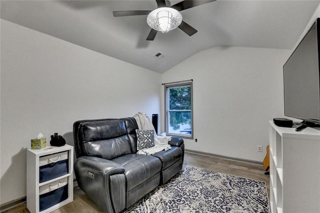 127 Bradshaw Park Dr, Woodstock, GA 30188 - living area featuring lofted ceiling, wood finished floors, and a ceiling fan