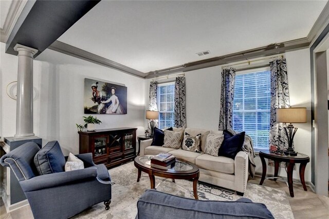 127 Bradshaw Park Dr, Woodstock, GA 30188 - living room with ornate columns, crown molding, and plenty of natural light