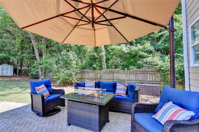 127 Bradshaw Park Dr, Woodstock, GA 30188 - view of patio / terrace featuring an outdoor living space and a storage shed