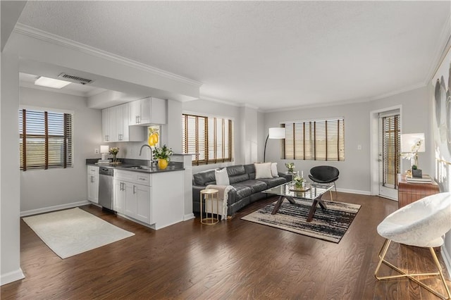 living room featuring dark wood-type flooring, ornamental molding, and sink