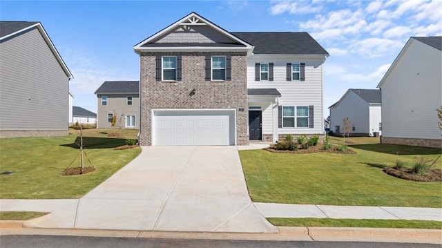 craftsman-style house featuring a front yard, an attached garage, brick siding, and concrete driveway