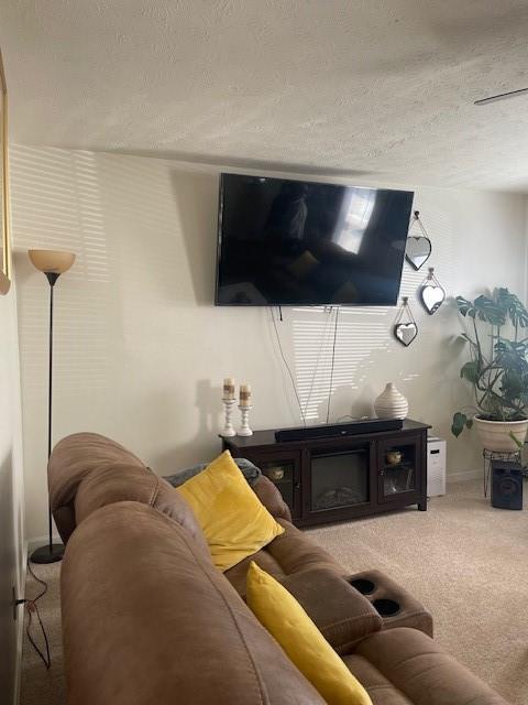 living area with light colored carpet and a textured ceiling