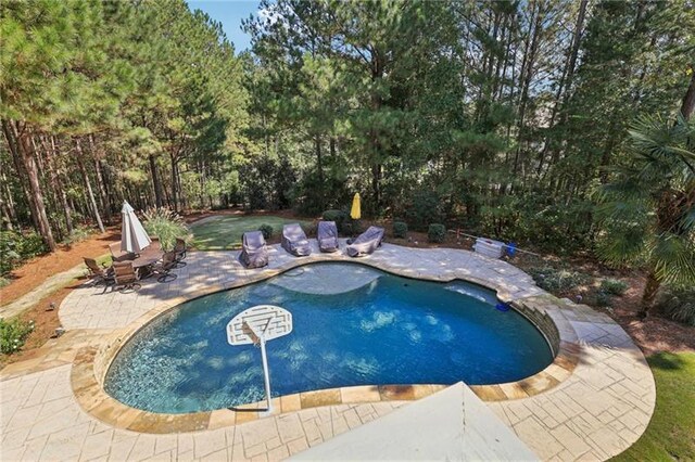 view of pool featuring a patio and a wooden deck