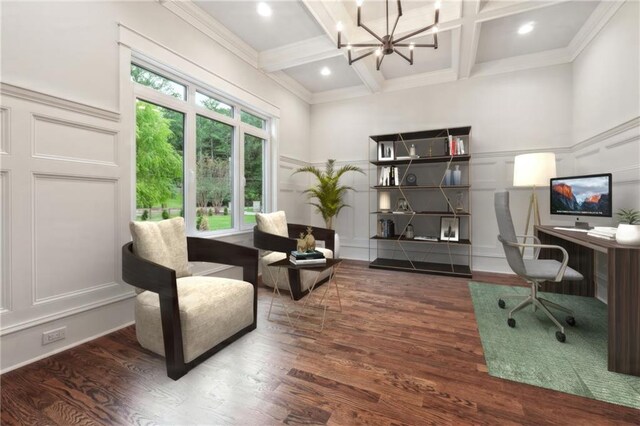 office space with coffered ceiling, wood finished floors, a chandelier, a decorative wall, and beam ceiling