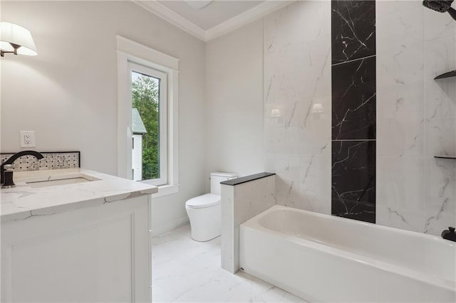 bathroom with a bathtub, marble finish floor, crown molding, toilet, and vanity