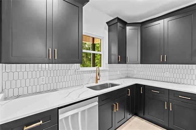 kitchen with sink, dishwasher, light stone countertops, and decorative backsplash