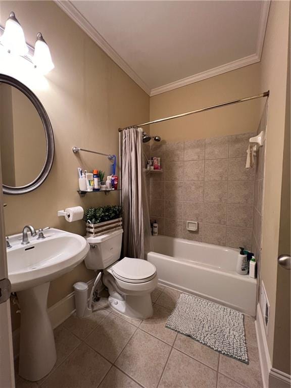 bathroom with toilet, tile patterned floors, shower / bathtub combination with curtain, and crown molding