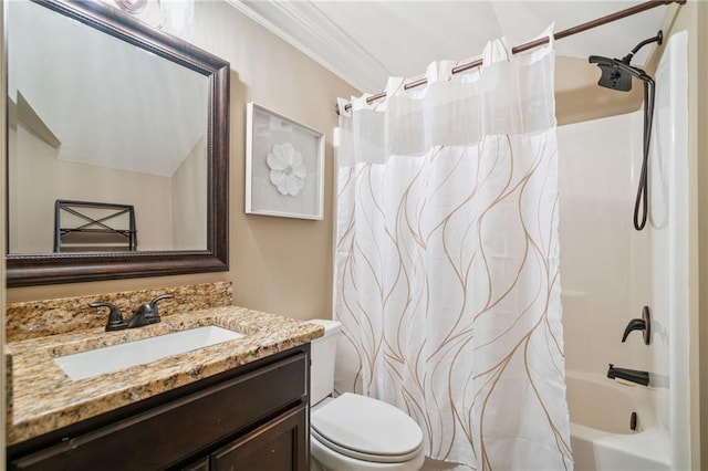 full bathroom with ornamental molding, shower / bath combo, toilet, and vanity