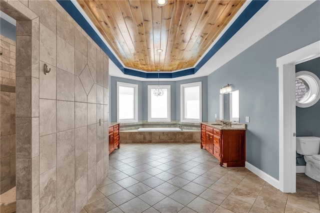 1580 Loving Rd, Morganton, GA 30560 - full bath featuring wood ceiling, a garden tub, tile patterned flooring, a raised ceiling, and toilet