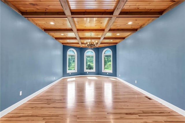 1580 Loving Rd, Morganton, GA 30560 - unfurnished room with wood ceiling, beamed ceiling, wood finished floors, and a chandelier
