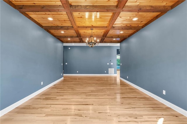 1580 Loving Rd, Morganton, GA 30560 - empty room featuring an inviting chandelier, wood ceiling, light wood-style flooring, and visible vents