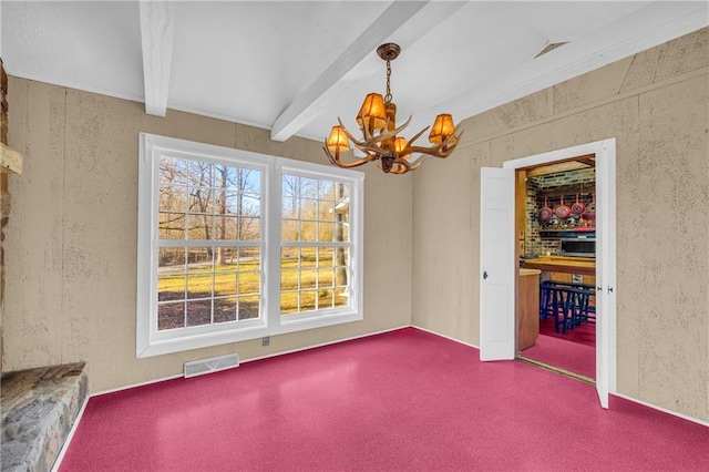 unfurnished dining area featuring a chandelier and beam ceiling