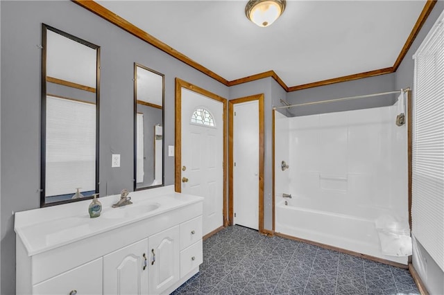 bathroom featuring vanity, shower / bathtub combination, and ornamental molding