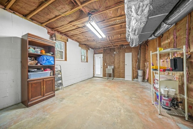 basement with a sink and concrete block wall