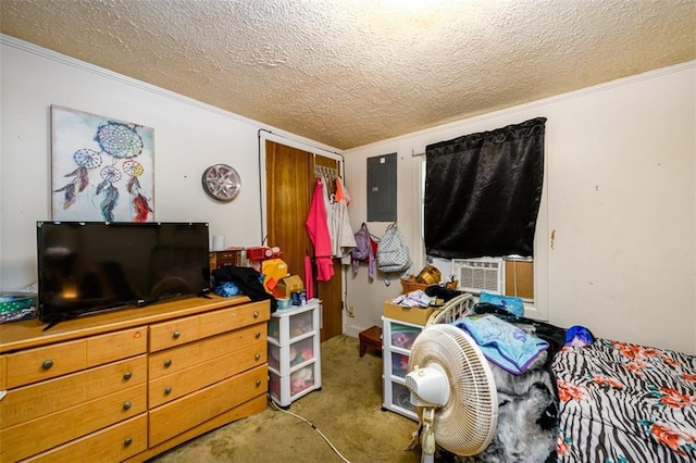 1278 Twin Pine Rd, Milledgeville, GA 31061 - bedroom featuring electric panel, carpet flooring, a textured ceiling, and ornamental molding