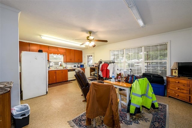1278 Twin Pine Rd, Milledgeville, GA 31061 - kitchen featuring white appliances, crown molding, light floors, brown cabinets, and a ceiling fan
