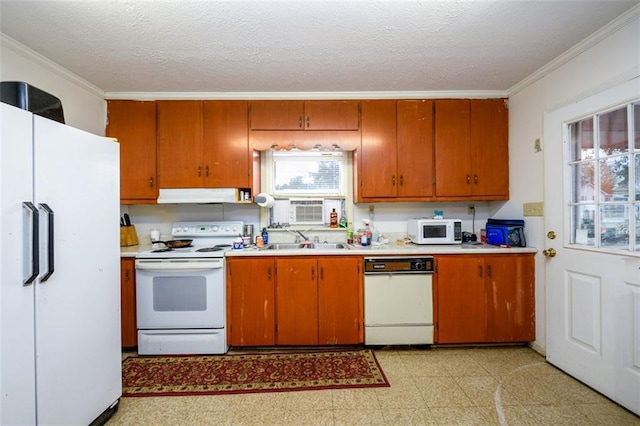 1278 Twin Pine Rd, Milledgeville, GA 31061 - kitchen with white appliances, under cabinet range hood, light countertops, crown molding, and plenty of natural light