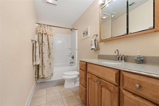 full bathroom with toilet, shower / bath combination with curtain, vanity, and tile patterned floors