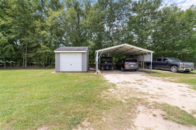 exterior space featuring a garage, a carport, and an outdoor structure