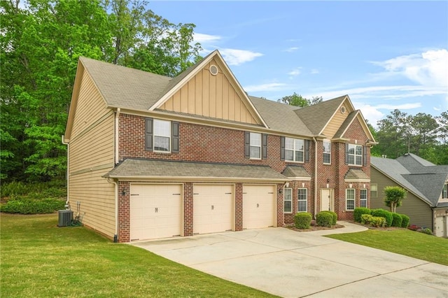 view of front of house featuring a garage, brick siding, central AC unit, board and batten siding, and concrete driveway