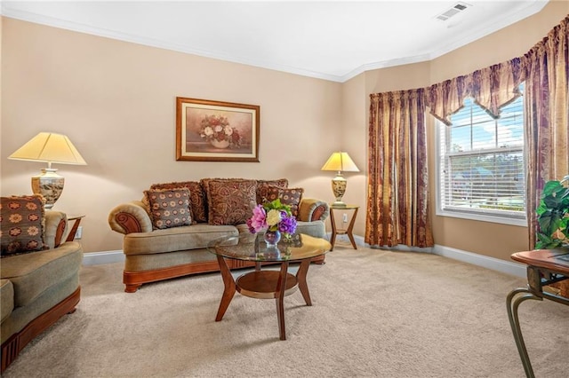 carpeted living room with baseboards, visible vents, and ornamental molding