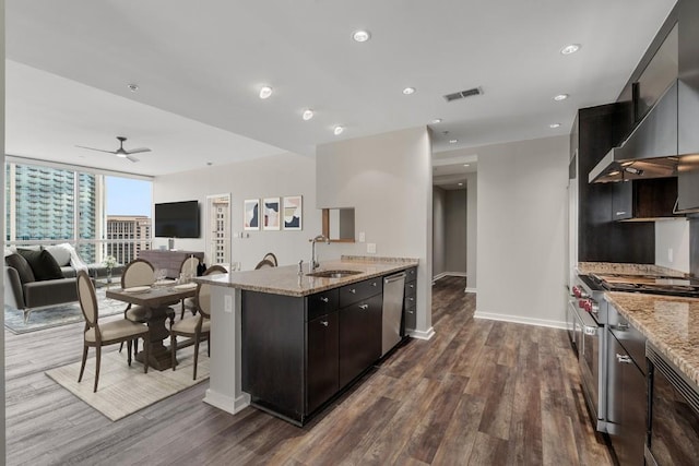 kitchen featuring ceiling fan, stainless steel appliances, sink, light stone countertops, and dark hardwood / wood-style floors