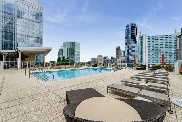 community pool featuring a city view and a patio area