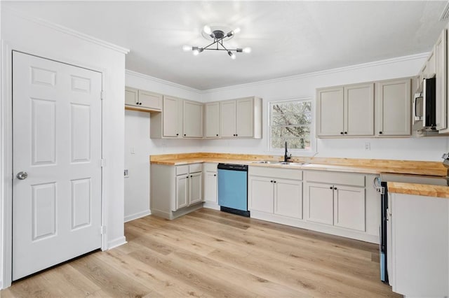 kitchen with sink, wooden counters, appliances with stainless steel finishes, ornamental molding, and light wood-type flooring