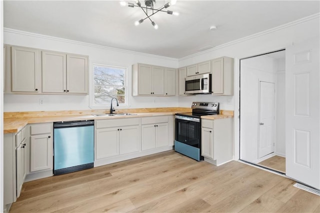 kitchen with wood counters, sink, ornamental molding, stainless steel appliances, and light hardwood / wood-style flooring