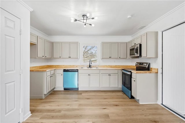 kitchen featuring wood counters, sink, ornamental molding, and appliances with stainless steel finishes