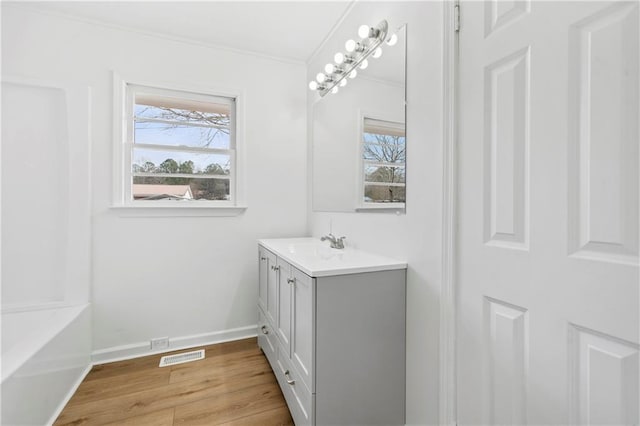 bathroom featuring vanity, wood-type flooring, and ornamental molding