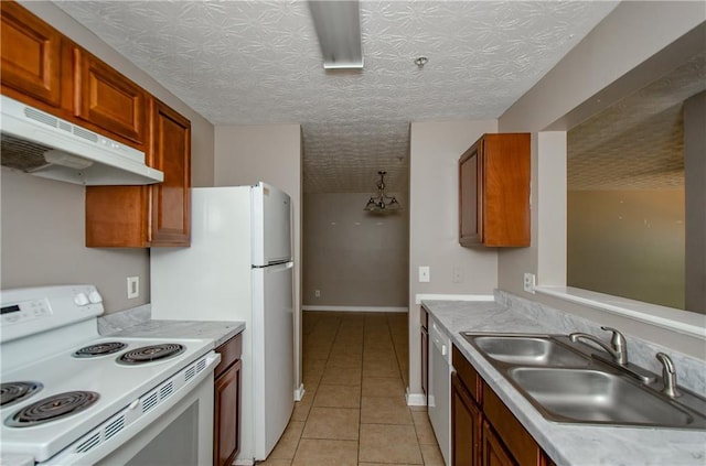 kitchen featuring white range with electric stovetop, dishwasher, a sink, light countertops, and under cabinet range hood