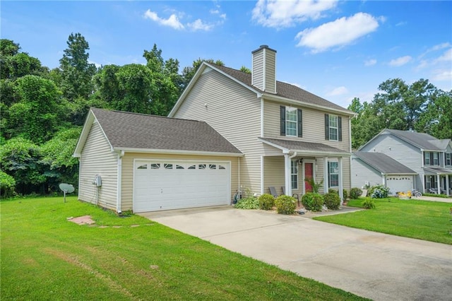 30 Creek Bottom Dr, Covington, GA 30014 - traditional-style house featuring a garage, a chimney, driveway, a front yard, and covered porch